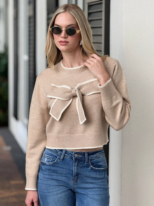 Moonlight Bow Beige Sweater Top