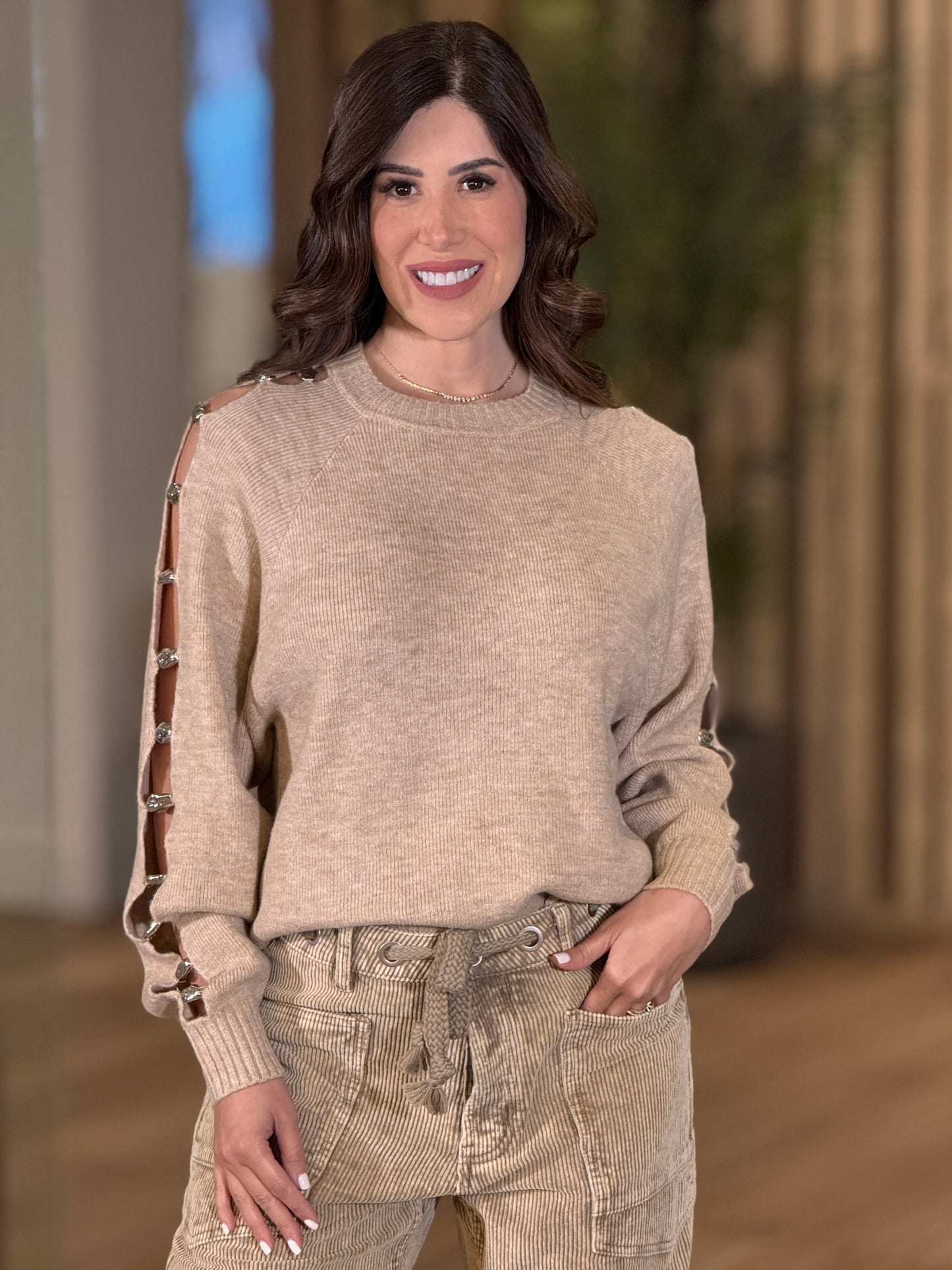 Cactus Beige Silver Buttons Sweater Top