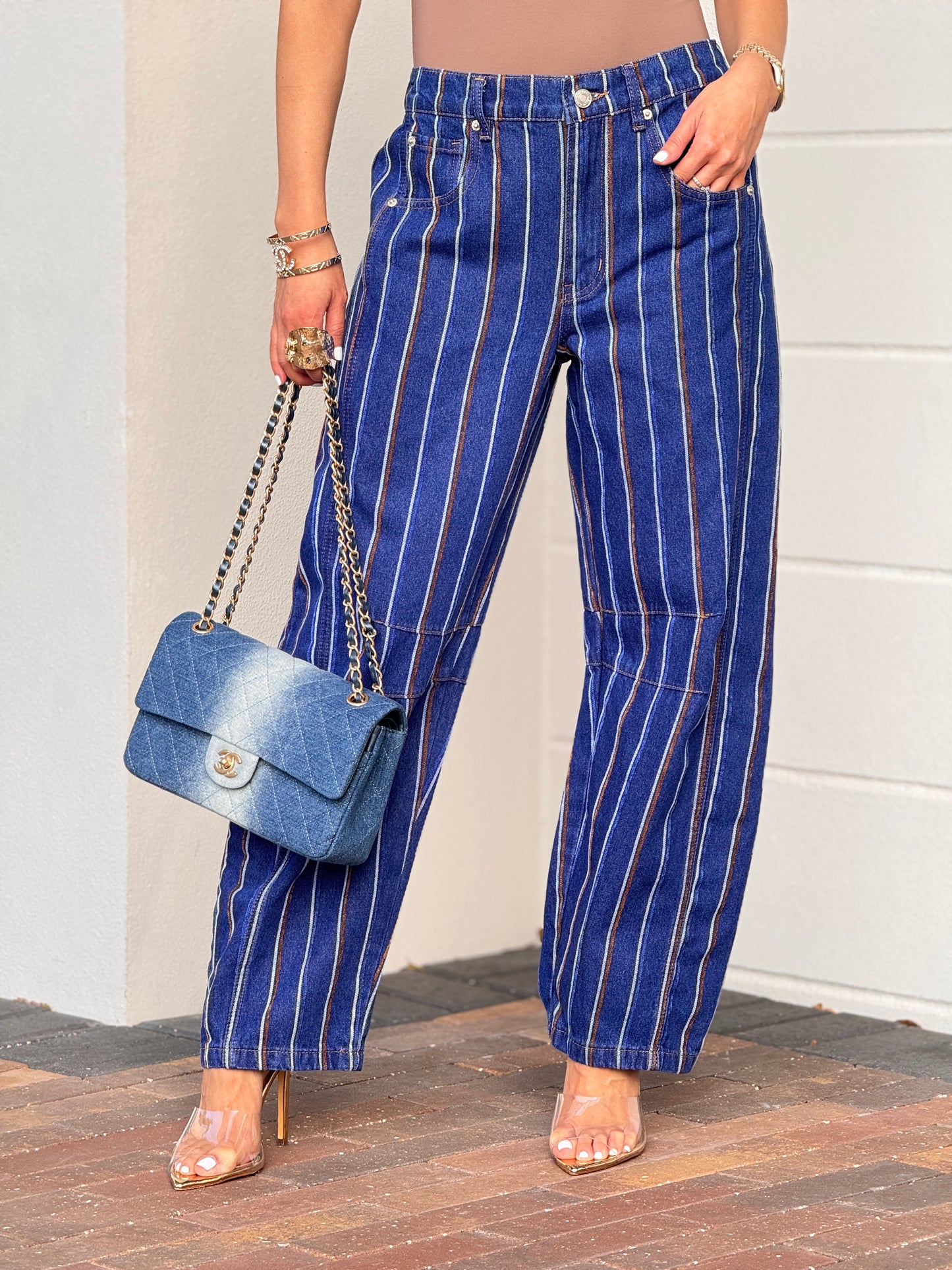 Amber Navy Blue Lines Barrel Jeans