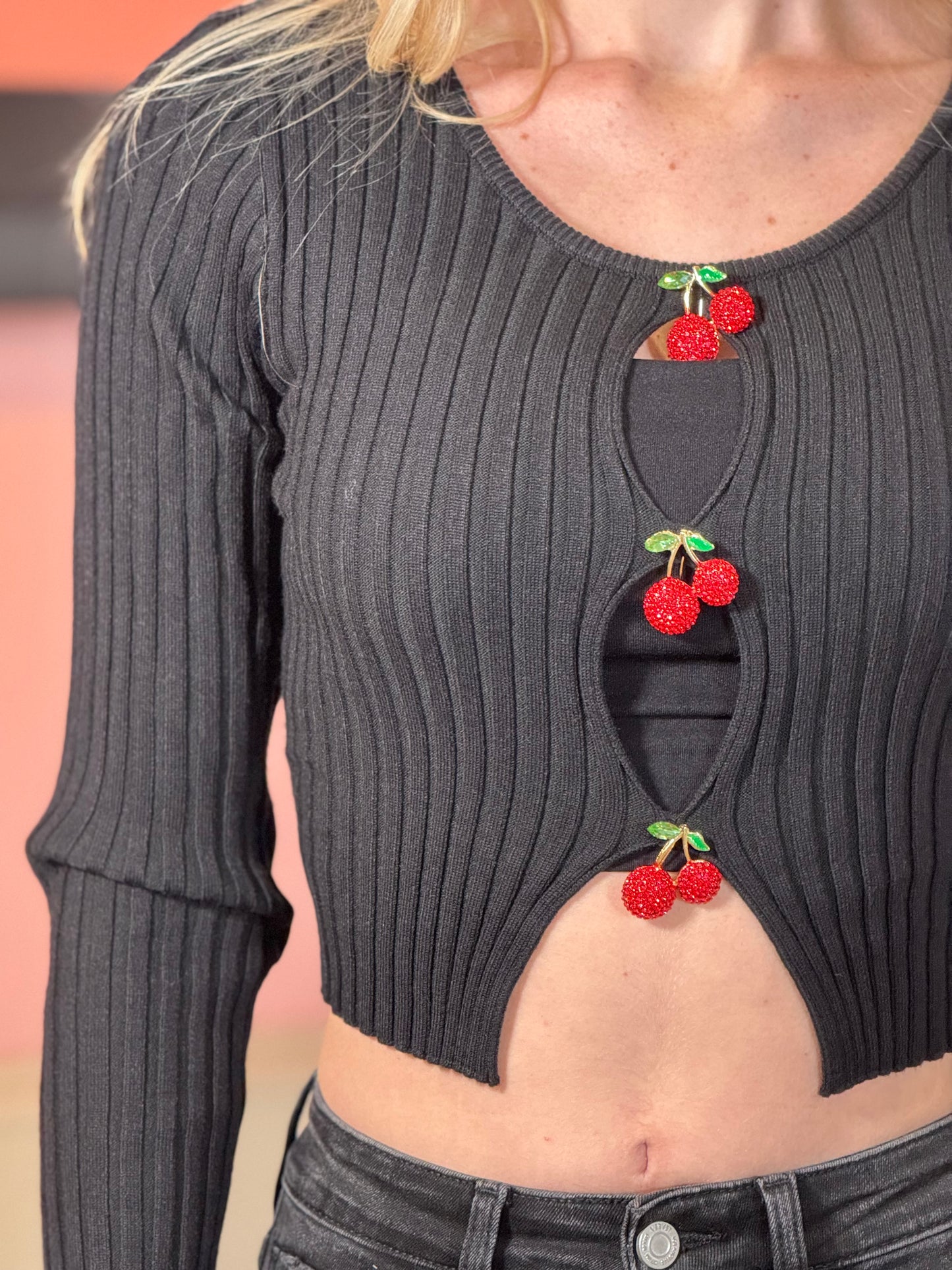 Cherries Pin Black Knitted Sweater Top