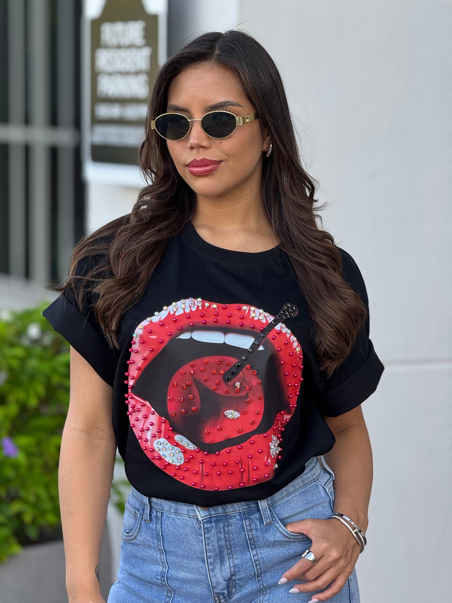 Cherry Lips Rhinestone Black T-Shirt