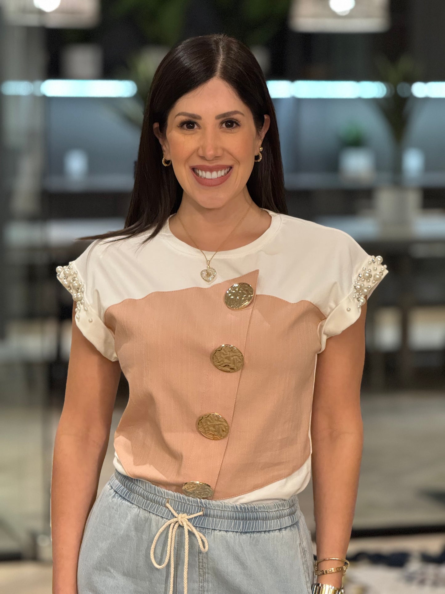 Pamela Pink Gold Button T-shirt