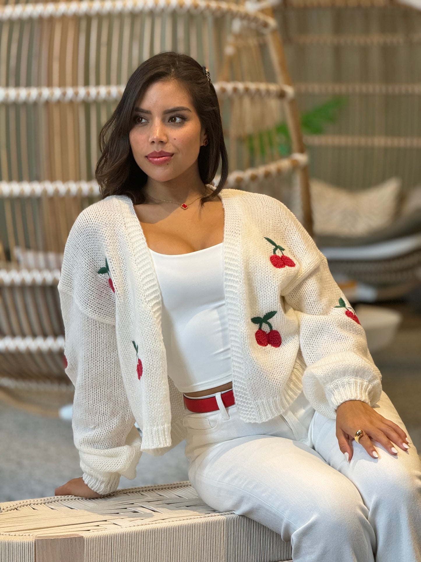 Little Cherry White Knitted Cardigan