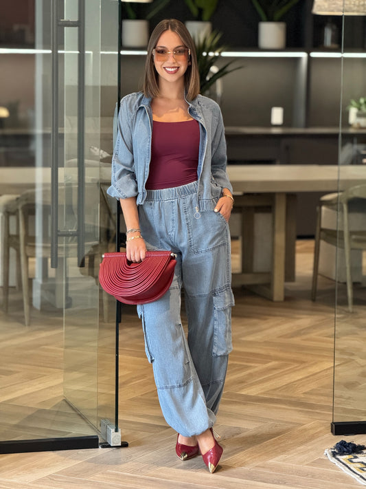 Claudette Denim Cargo Pants Set