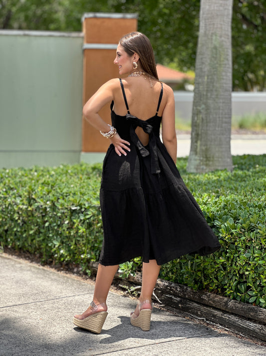 Endrina Black Linen Midi Dress