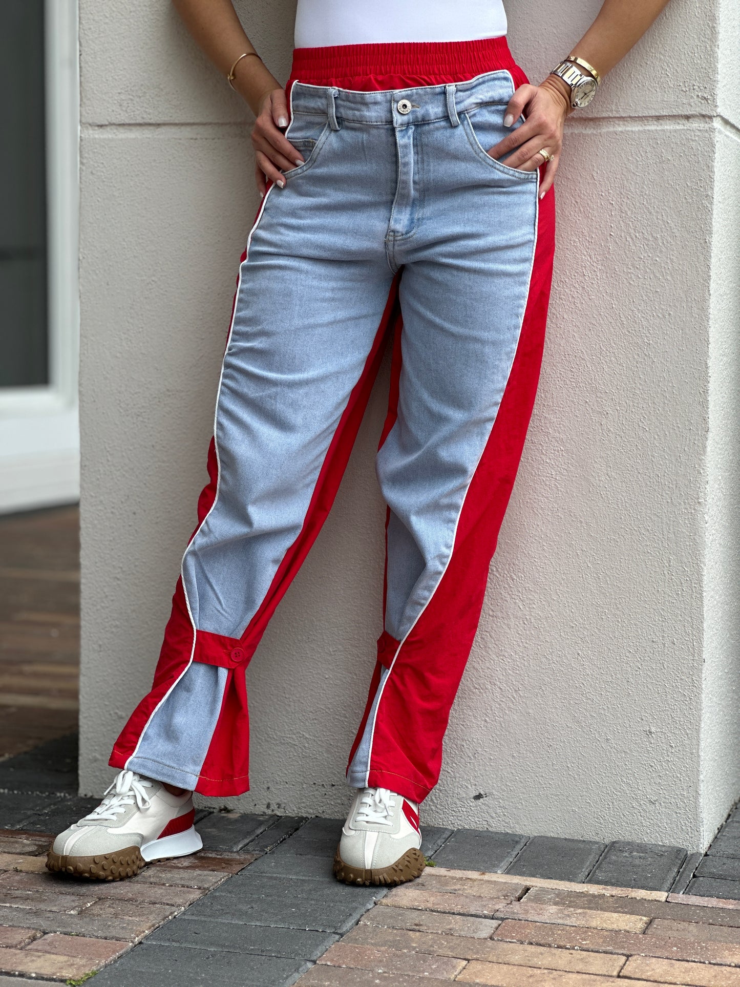 Balbina Denim/Nylon Pants (Red&Black)