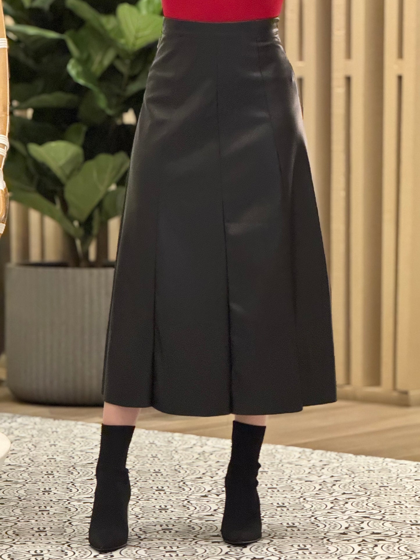 Mustard Black Leather Long Skirt