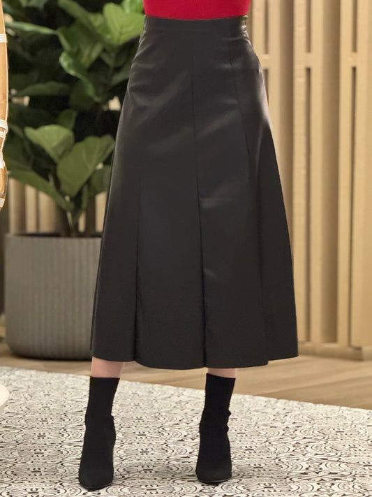 Mustard Black Leather Long Skirt