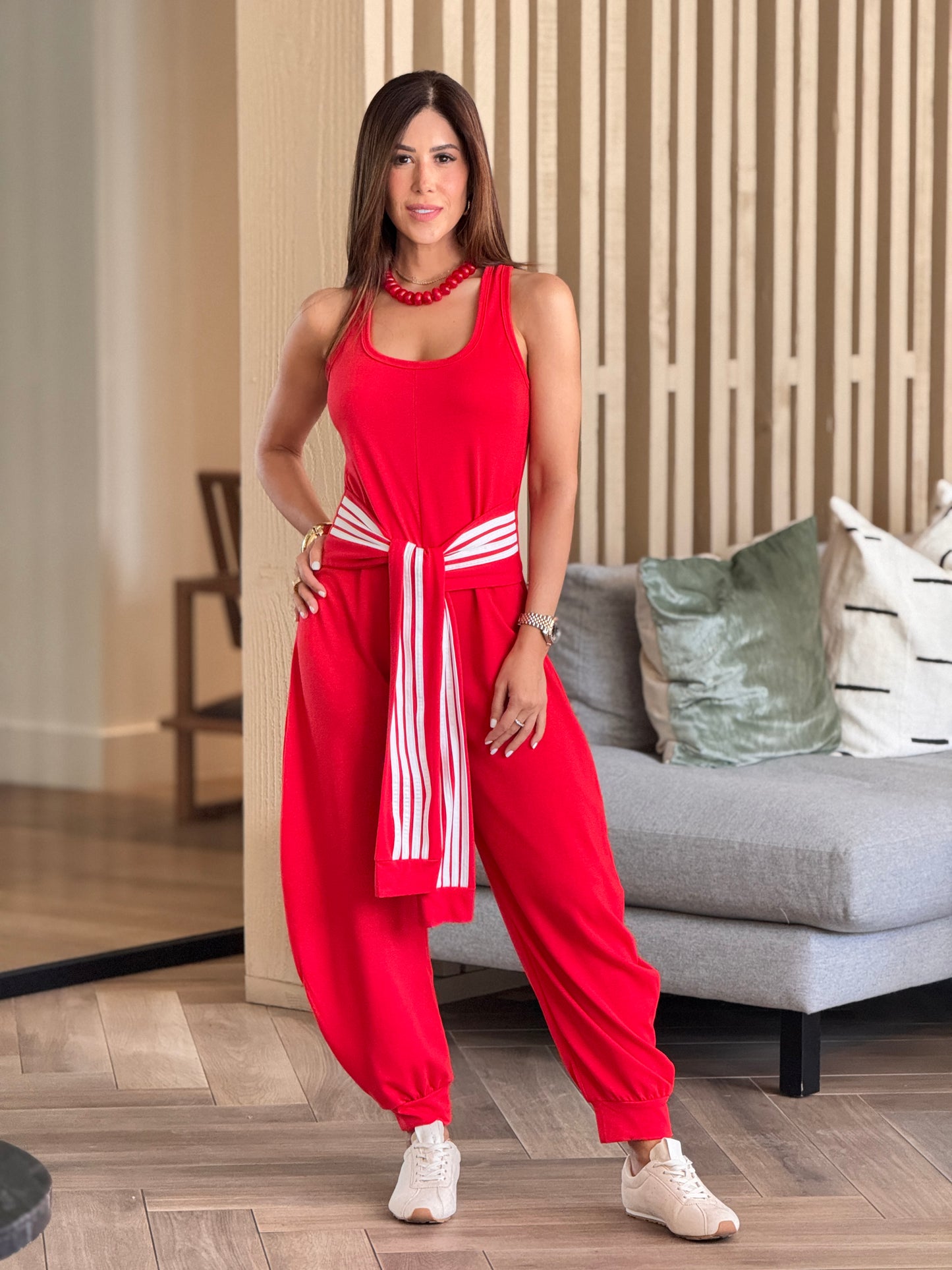 Addie Red Lines Waist Jumpsuit