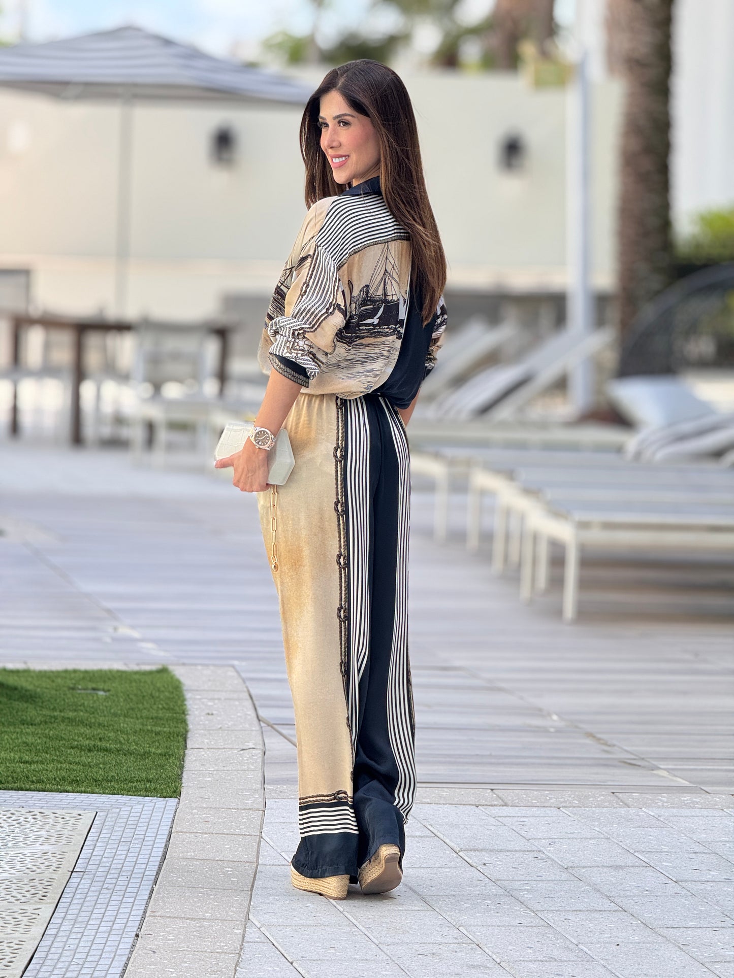 Italy Navy/Beige Boat Satin Set