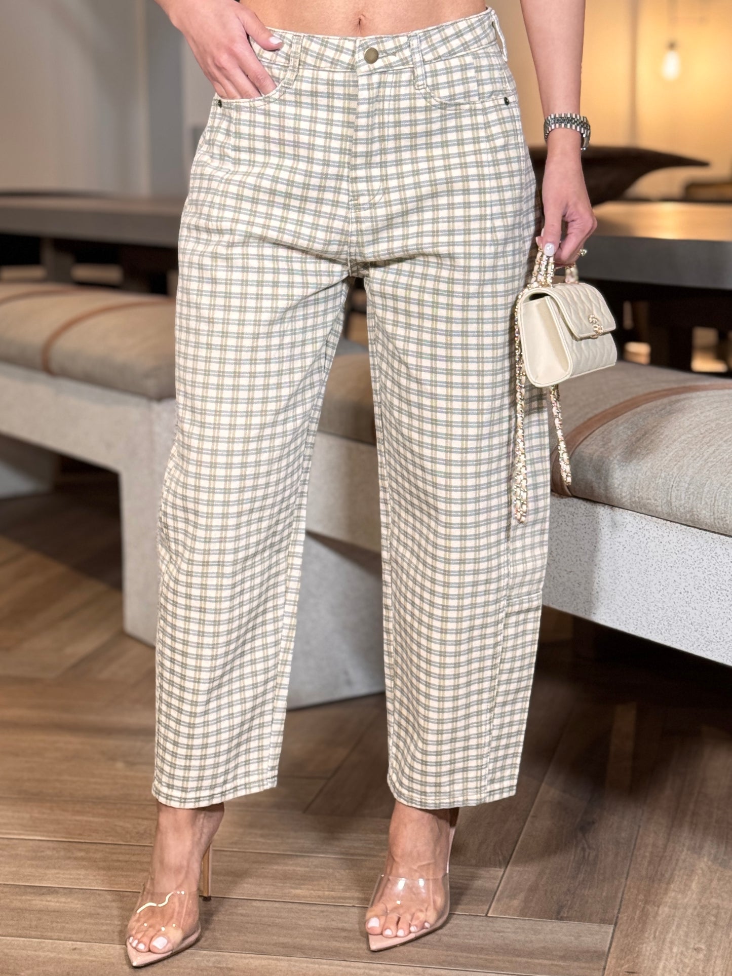 Miou Olive Green Plaid Print Barrel Pants