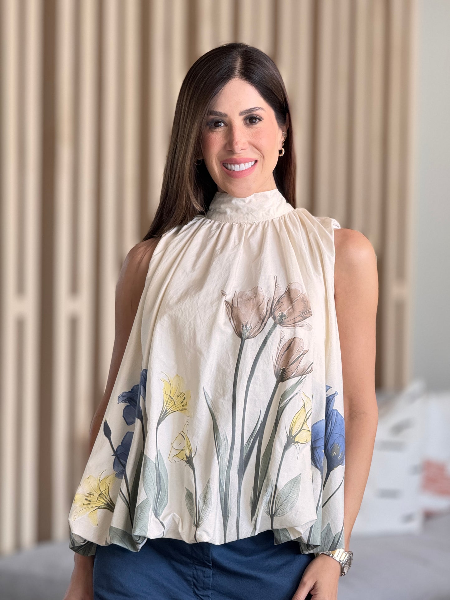 Italy Ivory Floral Bubble Halter Top