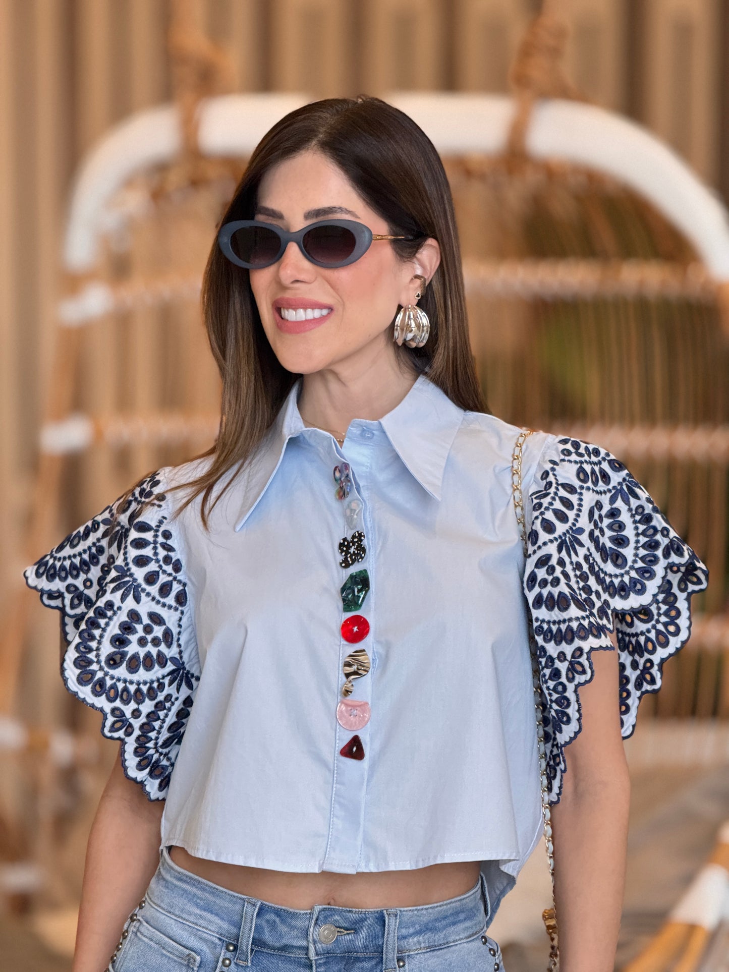 More Blue/Multi 3D Buttons Crop Top