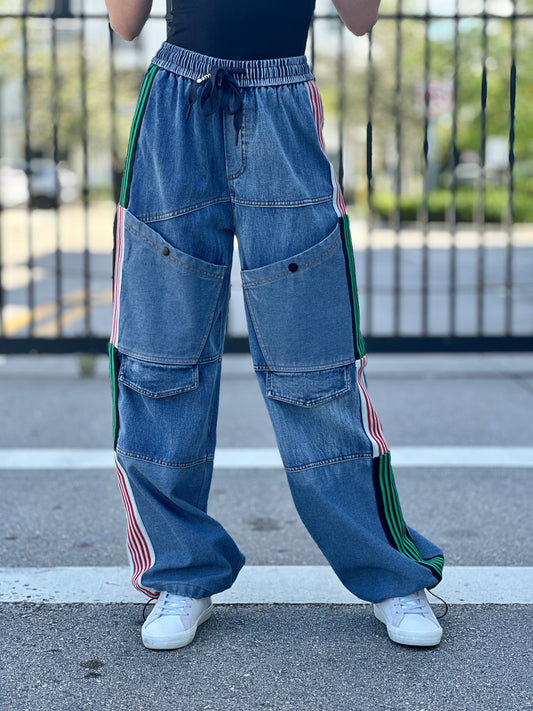 Anne Denim Patched Red and Green Cargo Pants