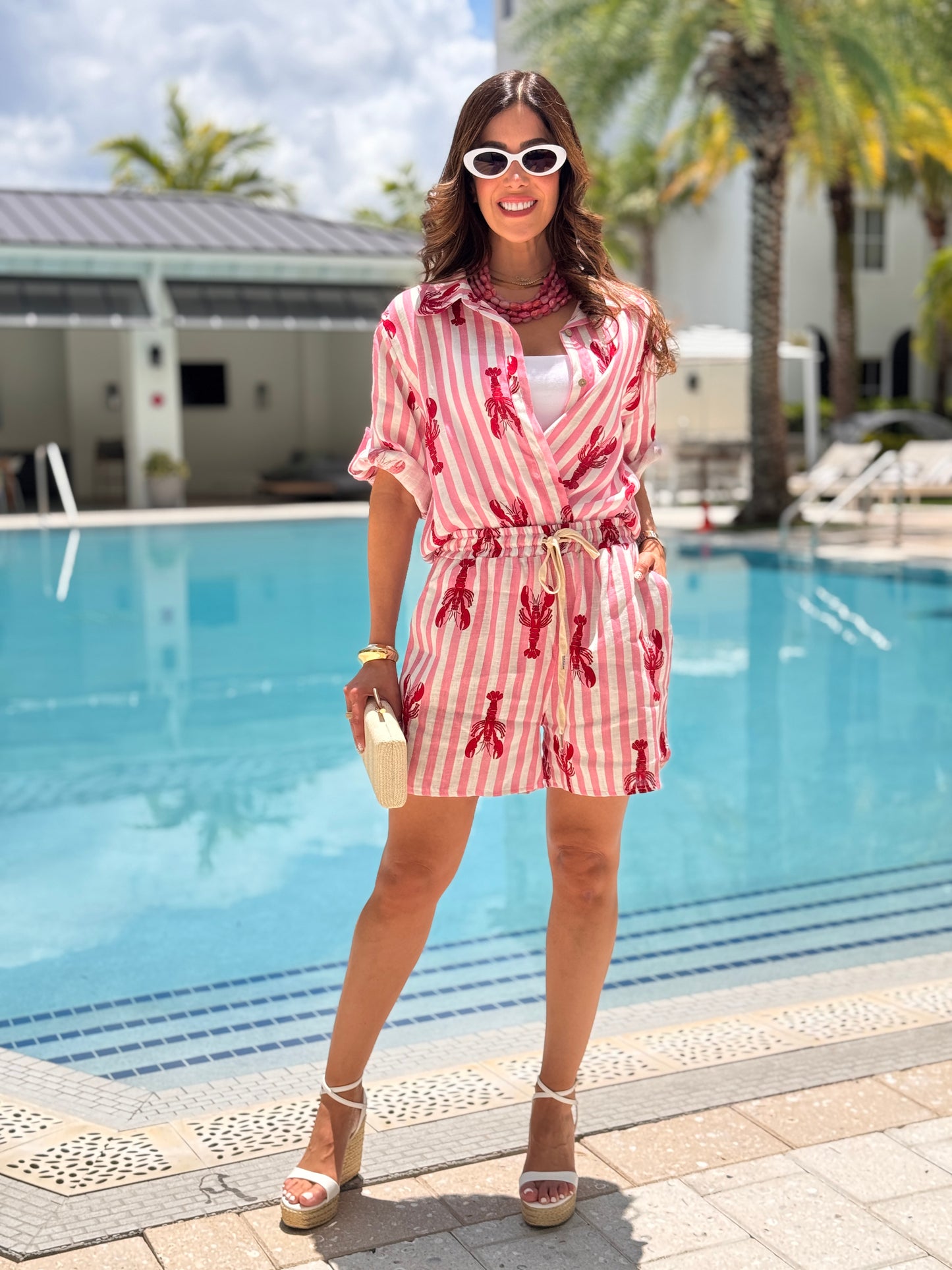 Italy Lobster Pink Lines Linen Short Set