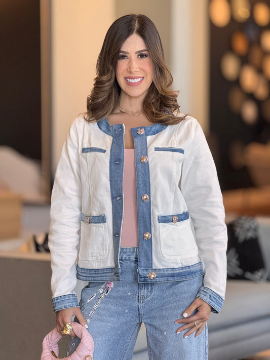 Zoe French White/Denim Neck Jacket Top