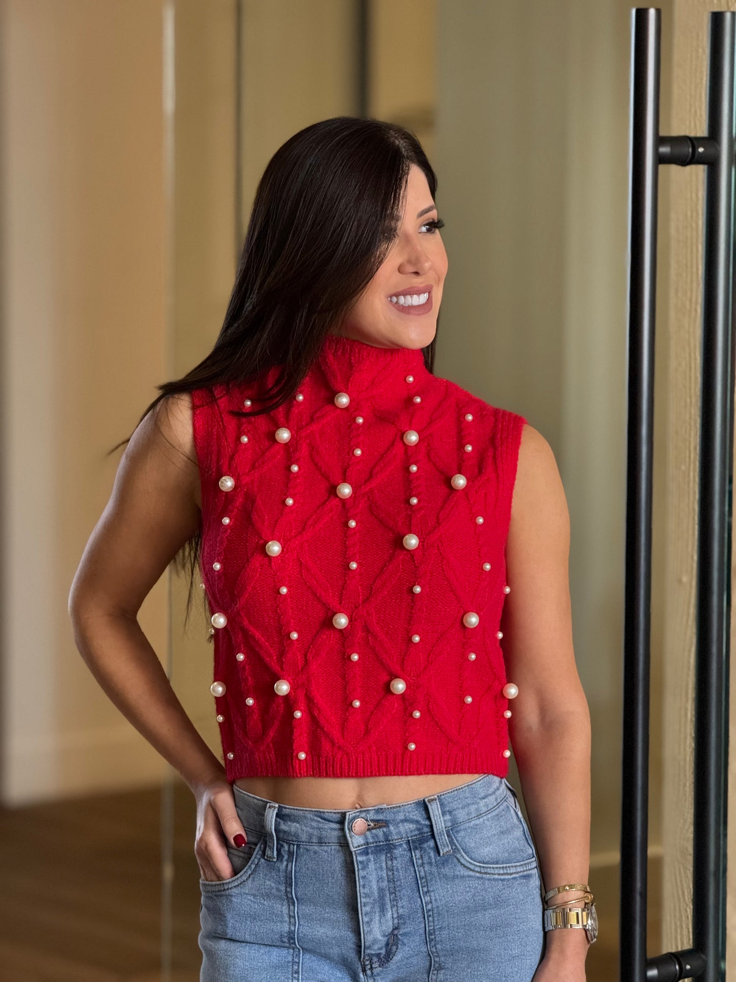 Angelica Red Pearls Vest Top