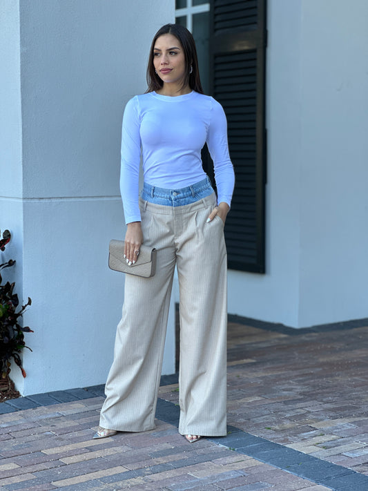 Oriana Denim Waistband Beige Pants