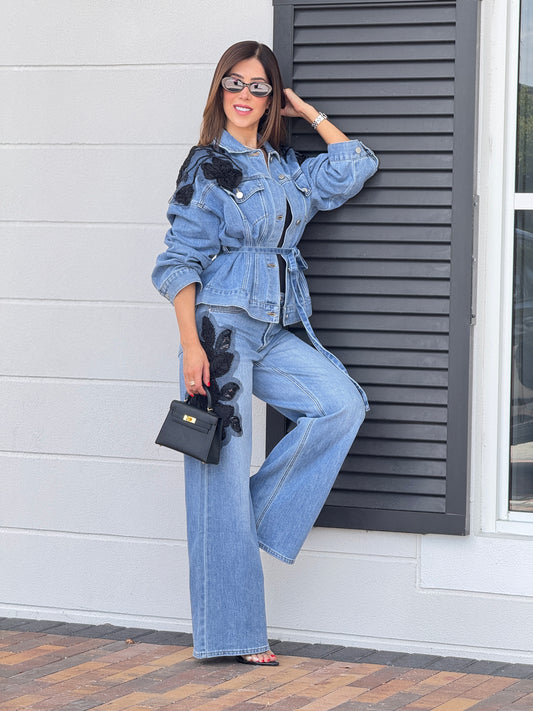 Perky Denim Black Floral Patch Set