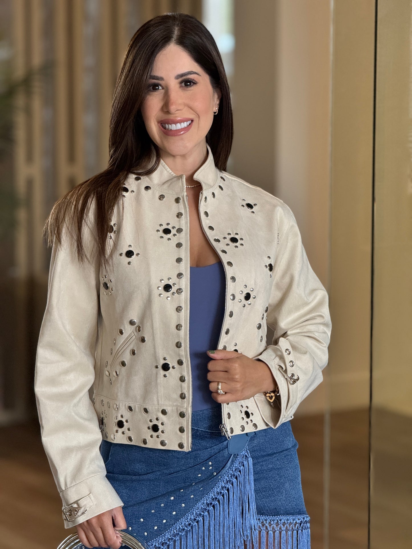 Omaha Beige Studs Leather Jacket Top
