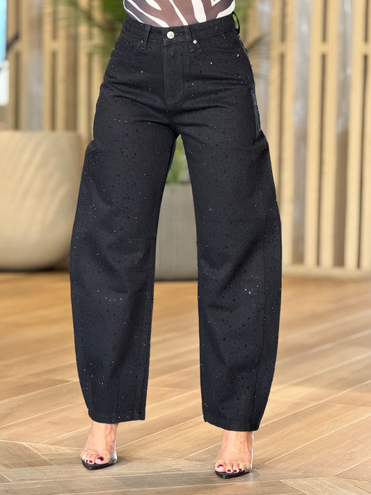 Kiwi Black Denim Rhinestone Barrel Jeans