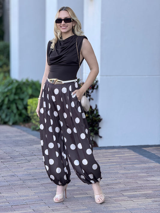 Italian Polka Dots Brown Satin Pants