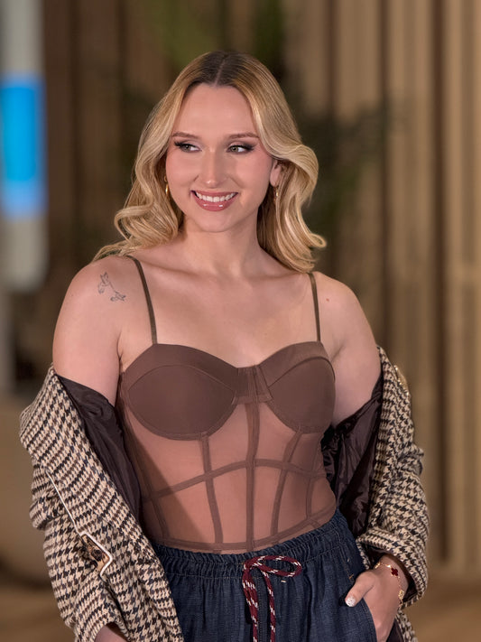 Kira Brown Mesh Bodysuit Top