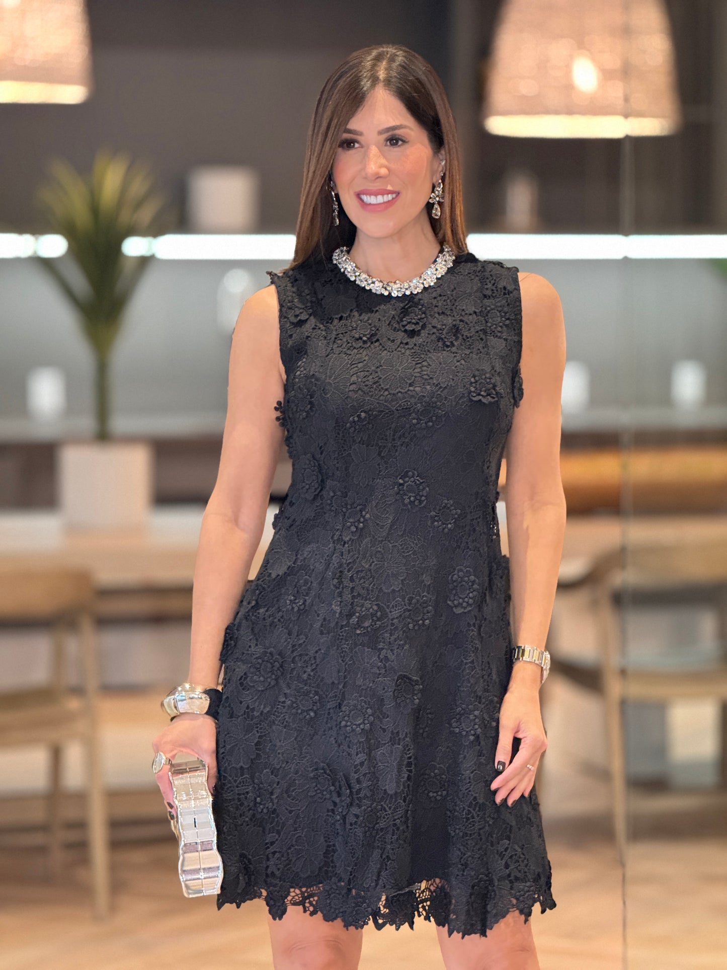 Tennie Black Rhinestone Torchon Dress
