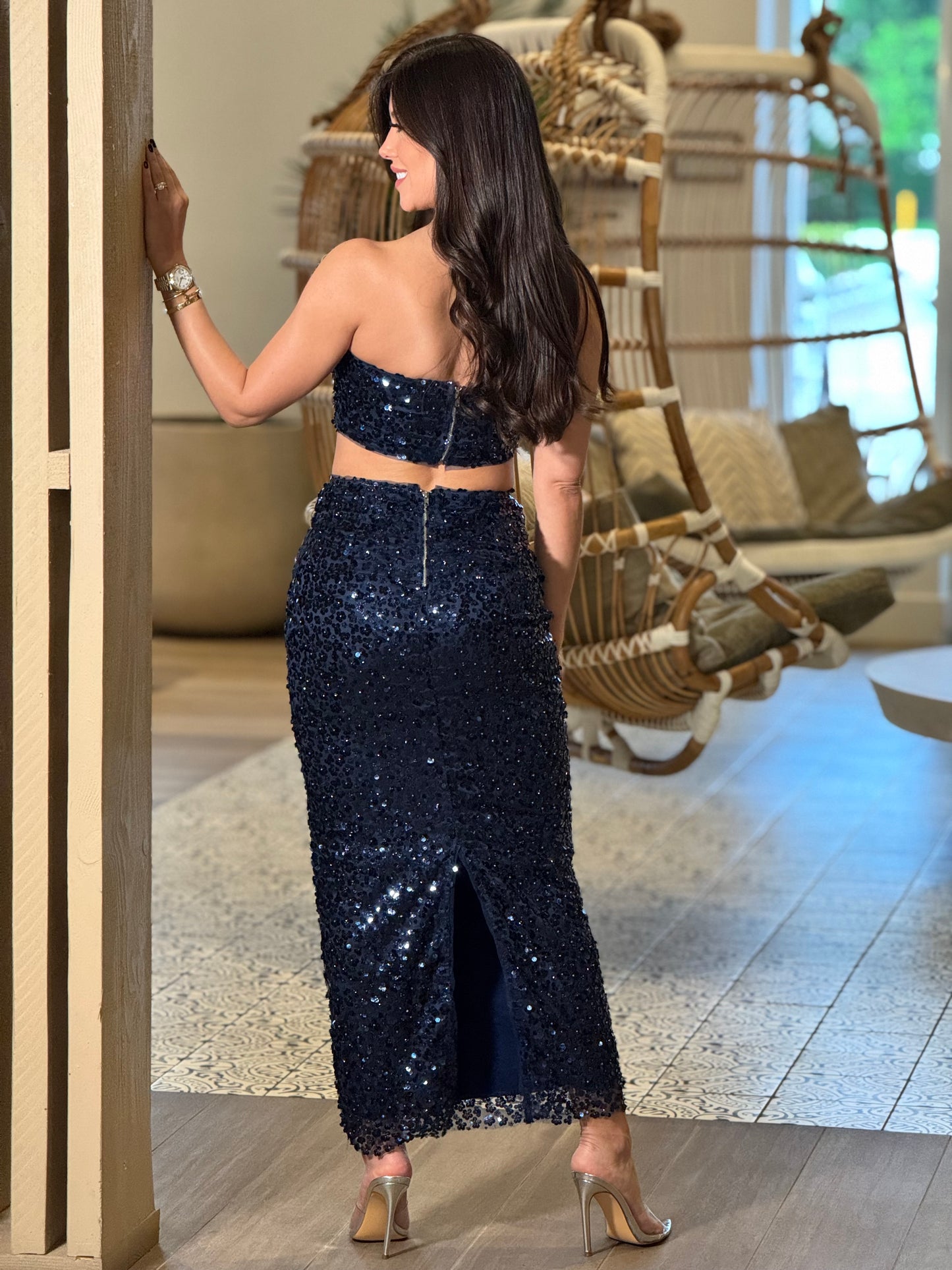 Angelica Midnight Blue Sequin Skirt Set Gala