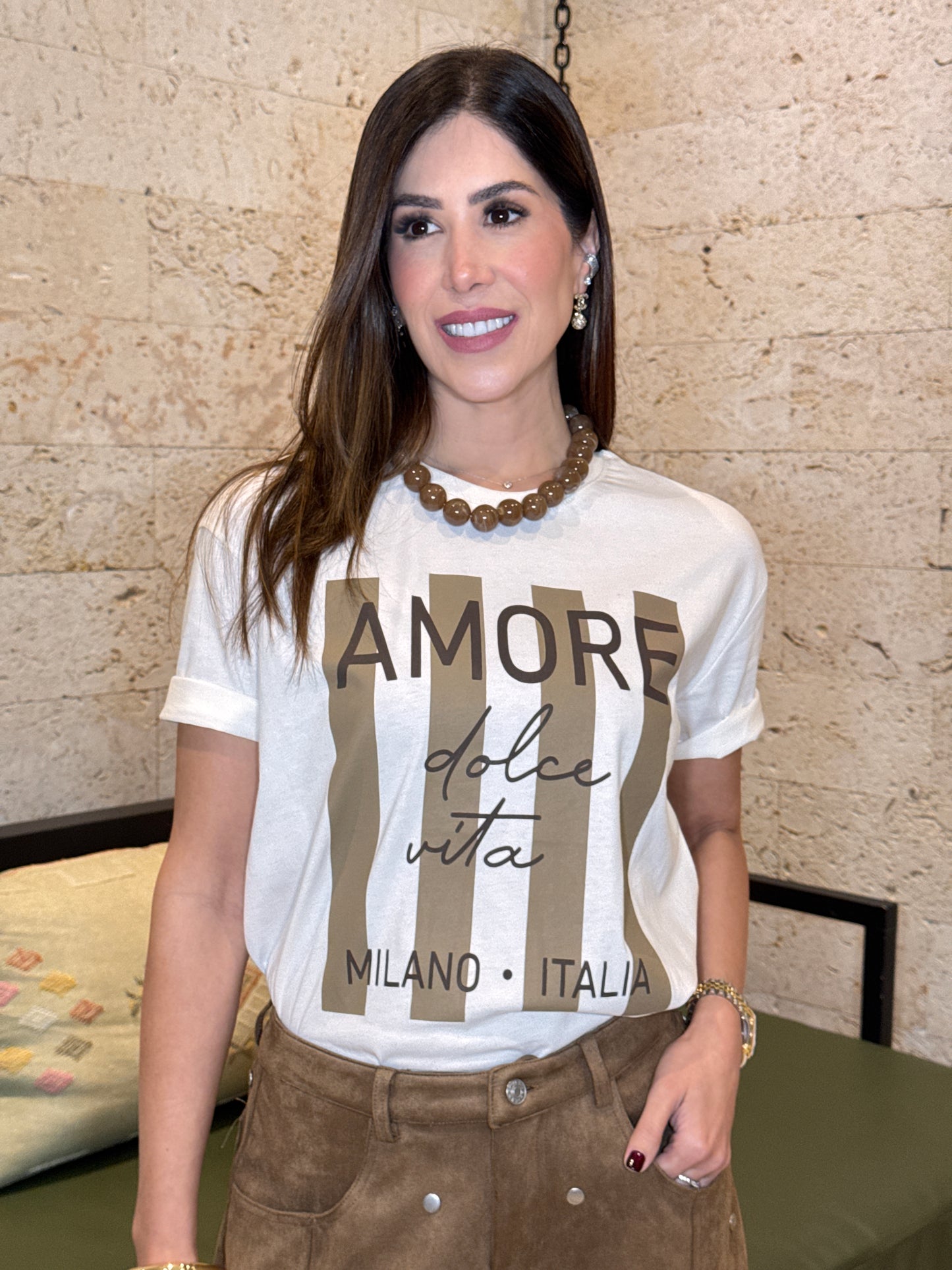 Amore Dolce Beige Lines White T-Shirt