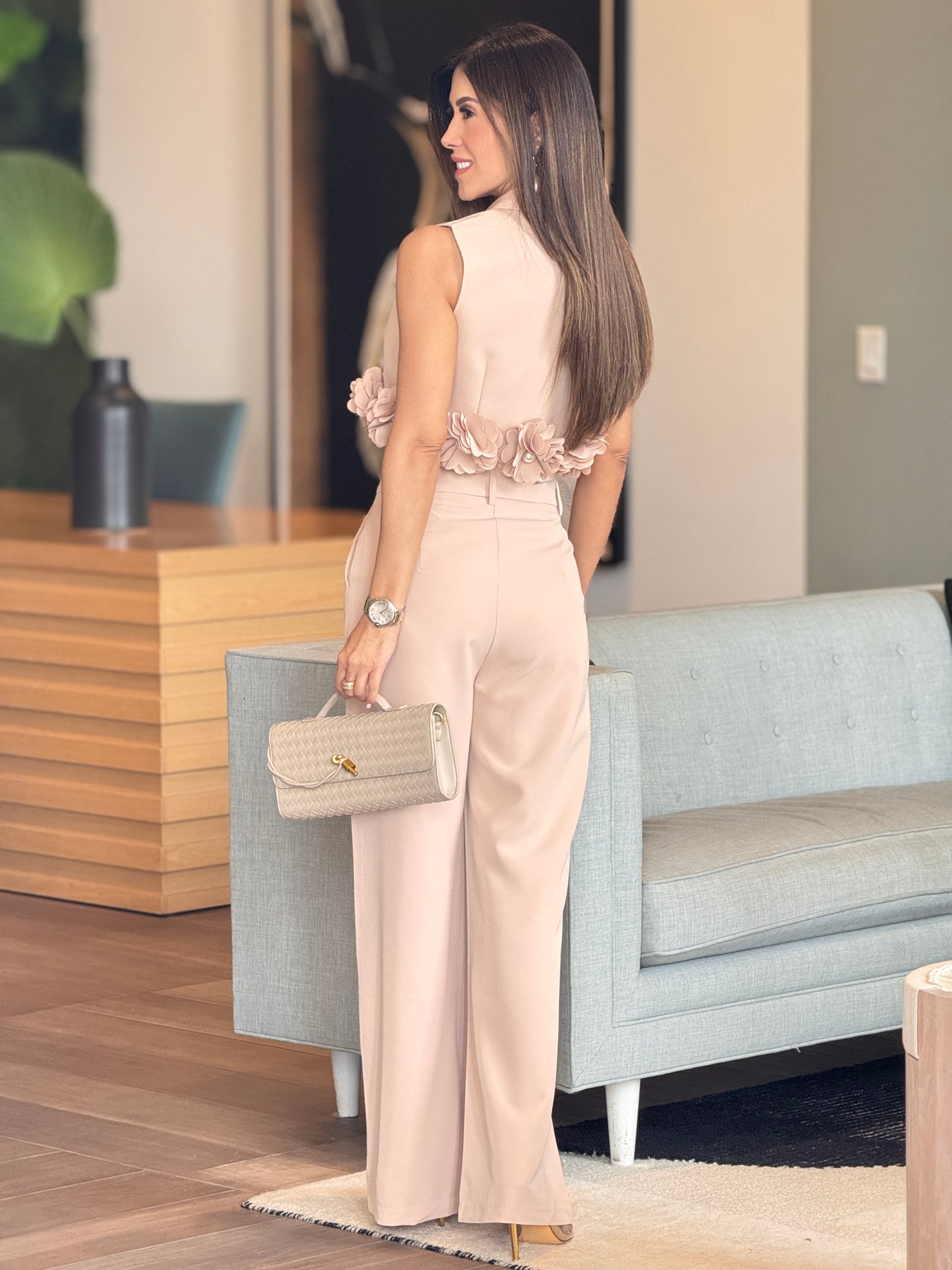 Erika Beige 3D Flowers Trousers Set