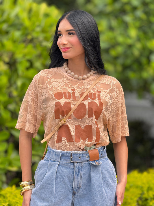 Mon Ami Beige Lace T-Shirt