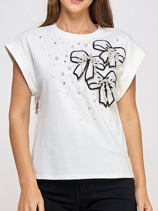 Mirna White Bow Pearl T-Shirt