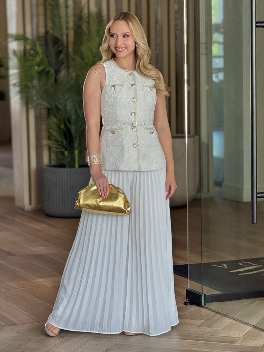 Cece White Tweed Pleated Set