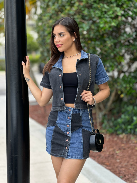 Mary Denim Patches Black Skirt Set