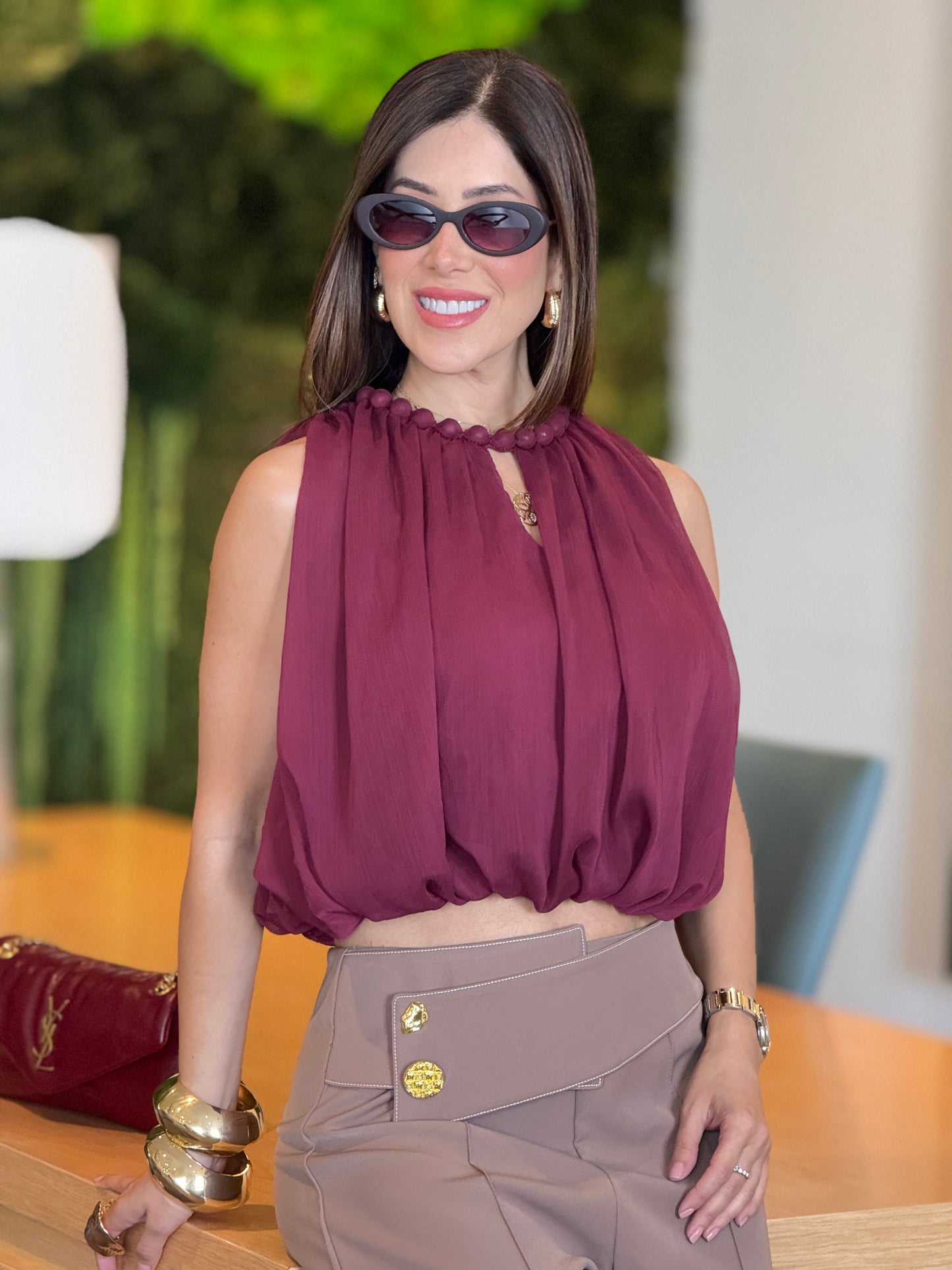 Zafira Burgundy Bubble Pompoms Top
