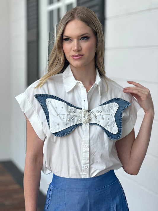 Bow Pearls White Shirt