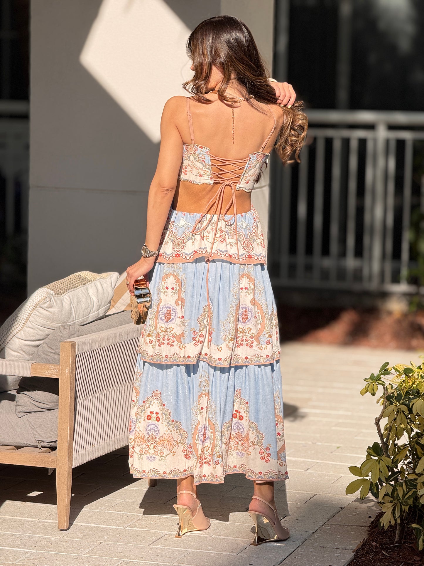 Boho Blue/Beige Cutout Print Dress
