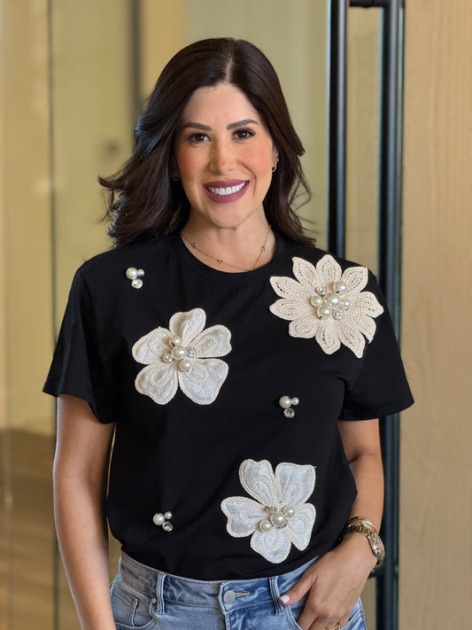 Pastel Black/Beige 3D Flower T-Shirt