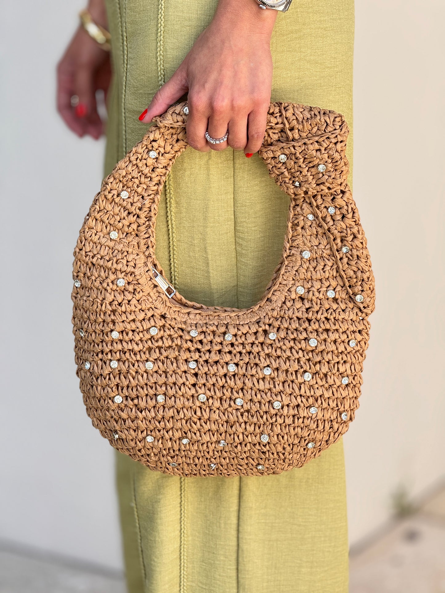 Raffia Tan Rhinestone Bag