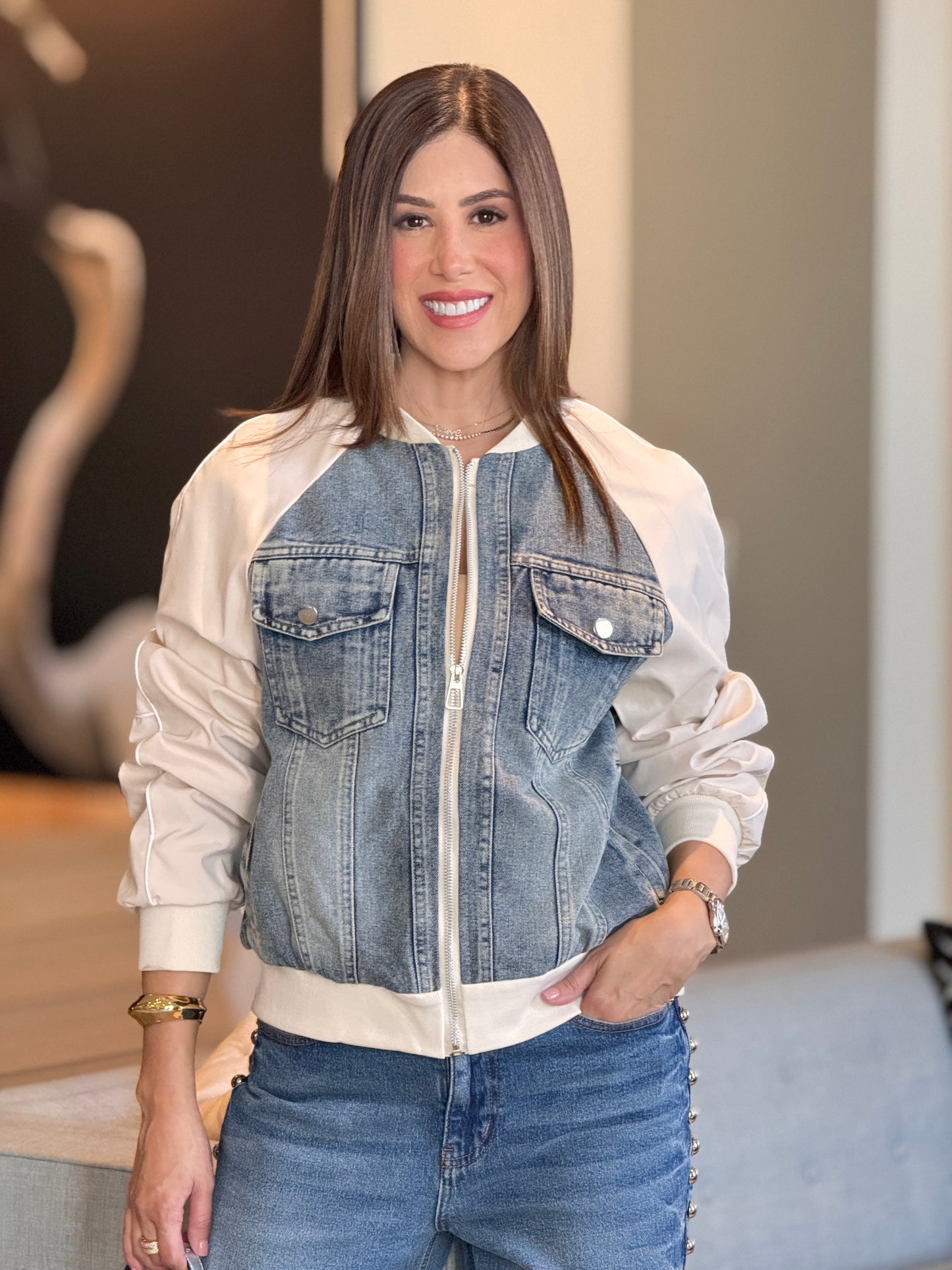 Justy Denim/Beige Jacket Top