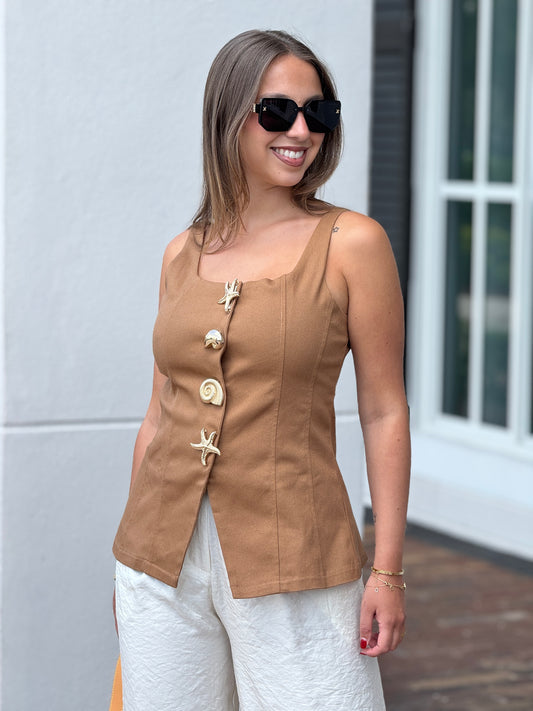Oceans Beige/Gold Buttons Vest Top