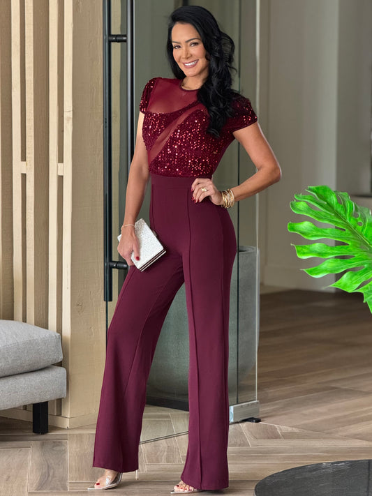 Norkys Burgundy Sequin Jumpsuit Gala