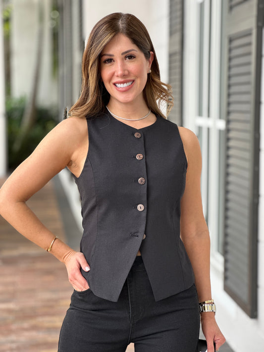 Junie Linen Black Vest Top