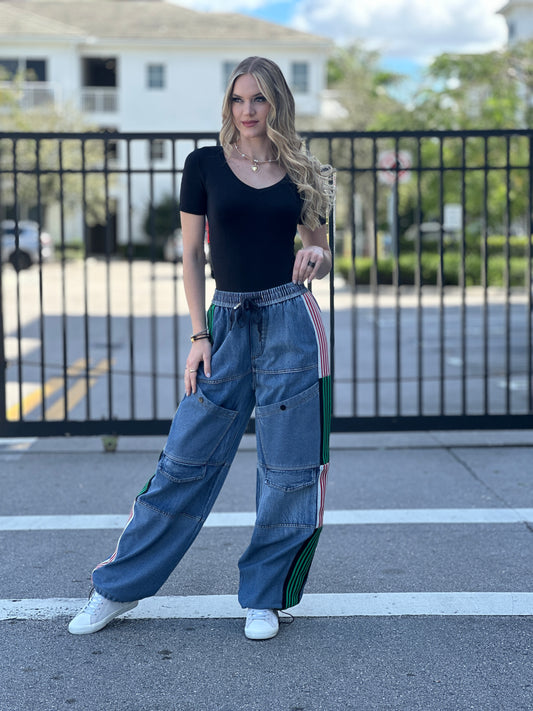 Anne Denim Patched Red and Green Cargo Pants