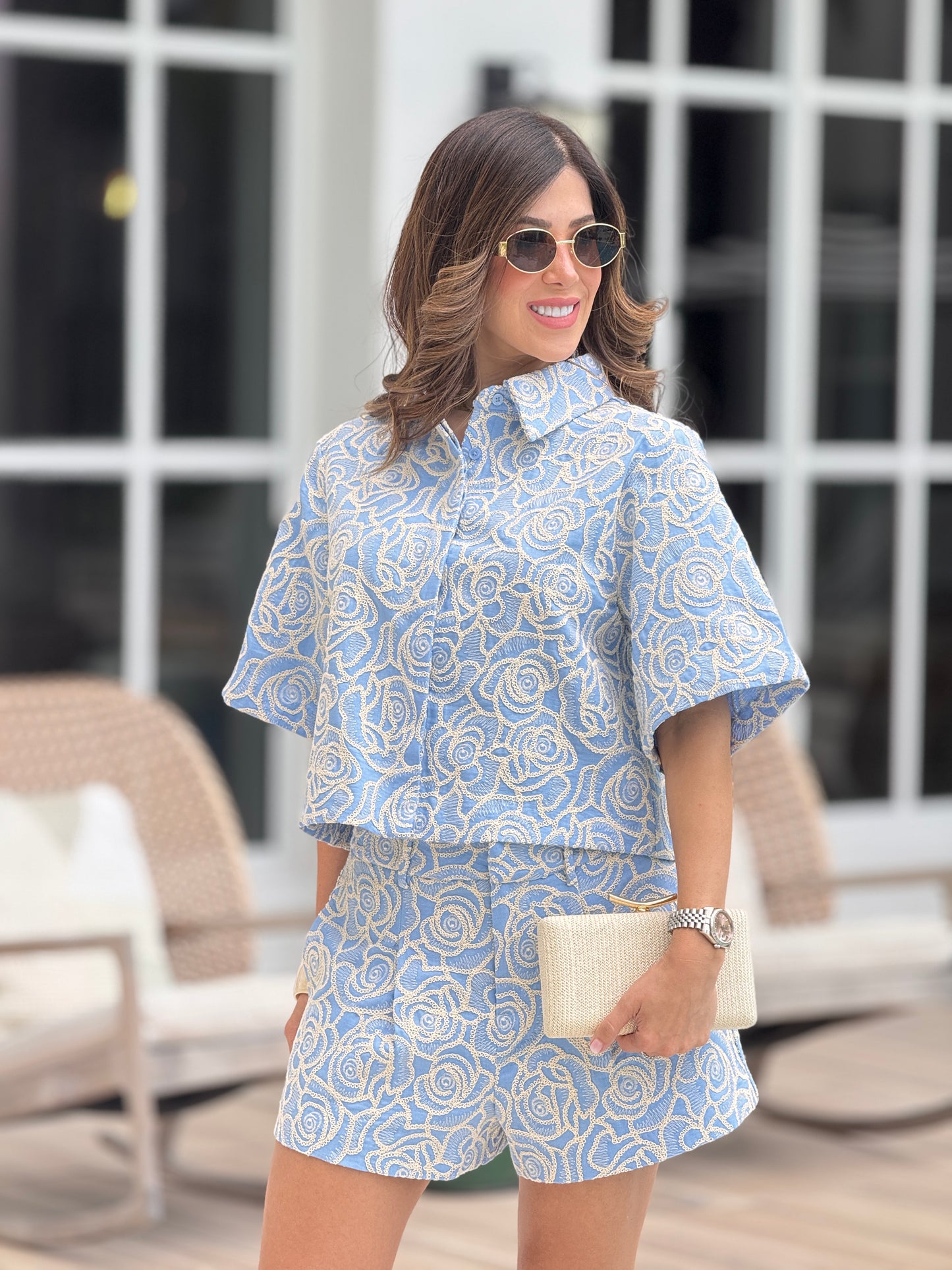 Cactus Blue/Beige Rose Embroidery Short Set