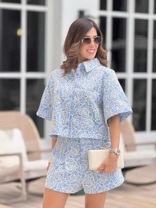 Cactus Blue/Beige Rose Embroidery Short Set