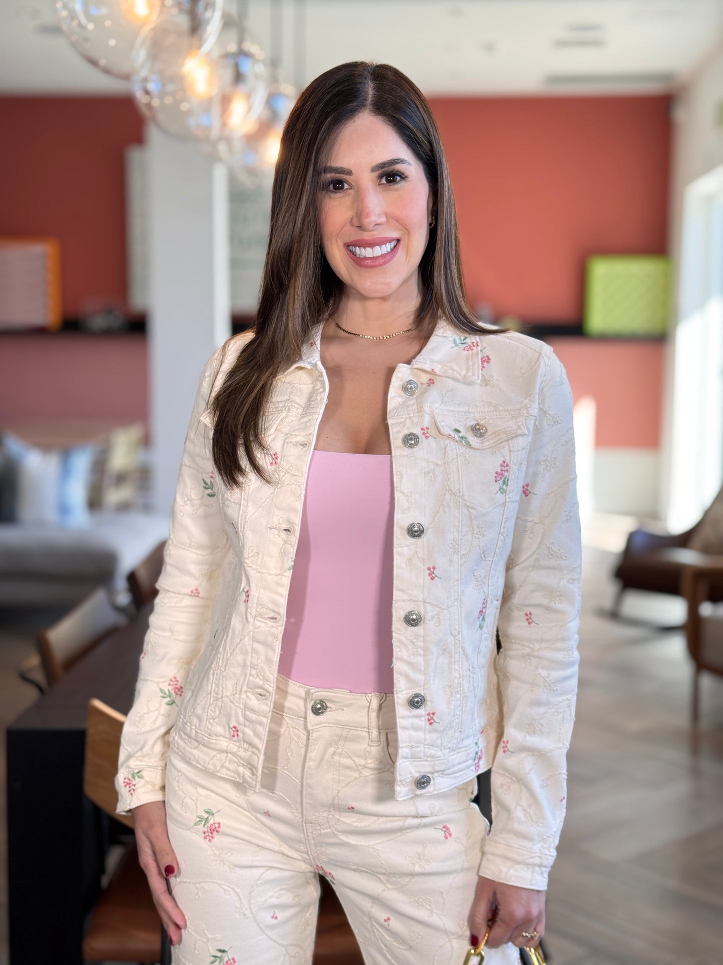 French Ivory/ Pink Denim Jacket Top