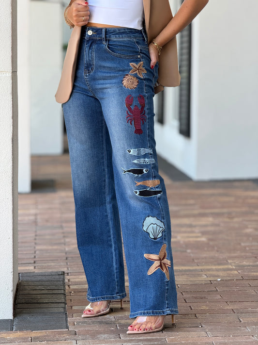 Fishies Embroidery Jeans