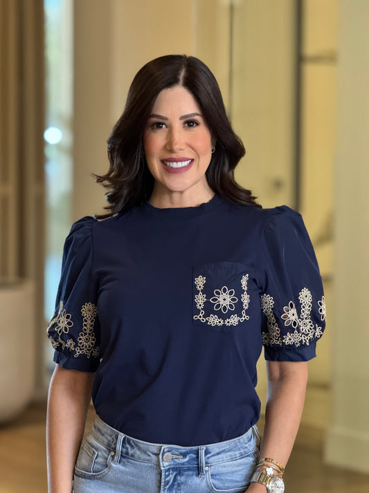 Pastel Navy Beige Embroidery T-Shirt